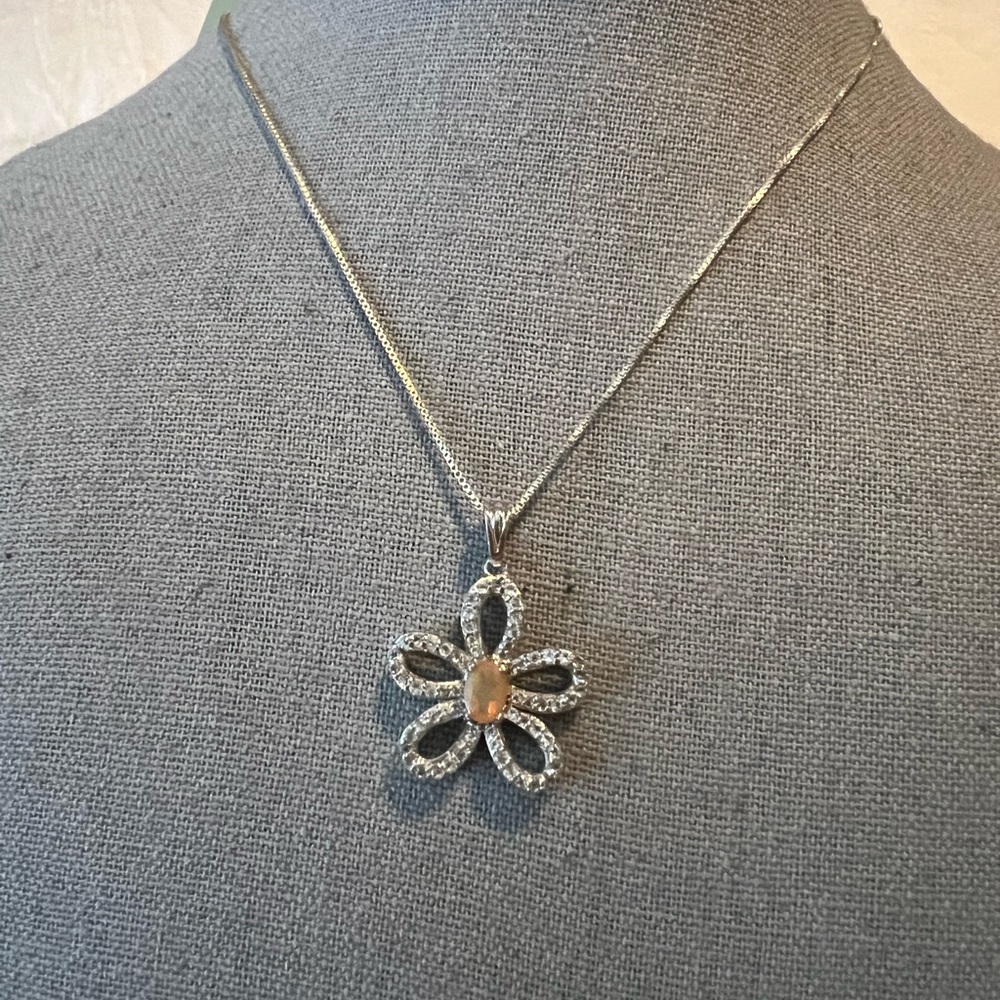 Vintage TGGC Ethiopian Opal n Crystal .925 Silver Flower Pendant Necklace